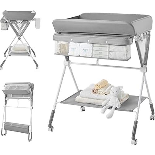 Portable Baby Changing Table, Foldable Diaper Changing Table with Wheels for Nursery, Toddler Changing Table with Adjustable Height, Portable Changing Table for Newborn, Infant Grey