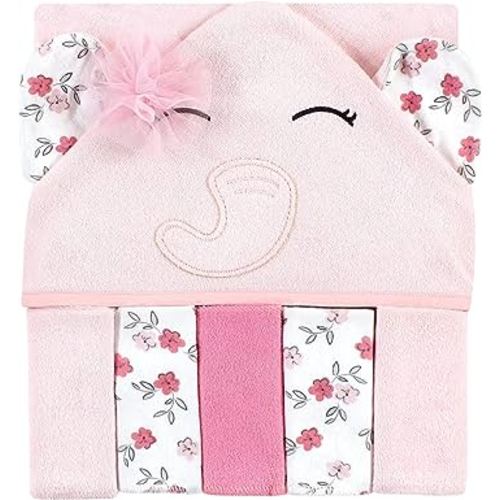 Hudson Baby Unisex Baby Hooded Towel and Five Washcloths, Floral Pretty Elephant, One Size