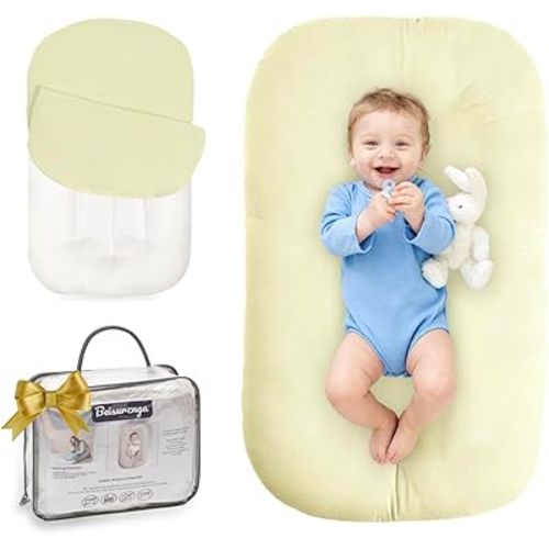 Baby Lounger for Newborn - Snuggle Cozy Me Lounger | Breathable Soft Cotton, 0-24 Months Portable Playtime Baby Nest, Newborn Baby Essentials Gifts- Yellow (1 Lounger + 1 Cover)