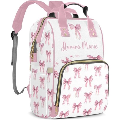 Customized Bow Diaper Bag Backpack Nylon Pink Bow for Girls, Waterproof, Multifunctional, Large Storage Space Personalized Mommy Bag