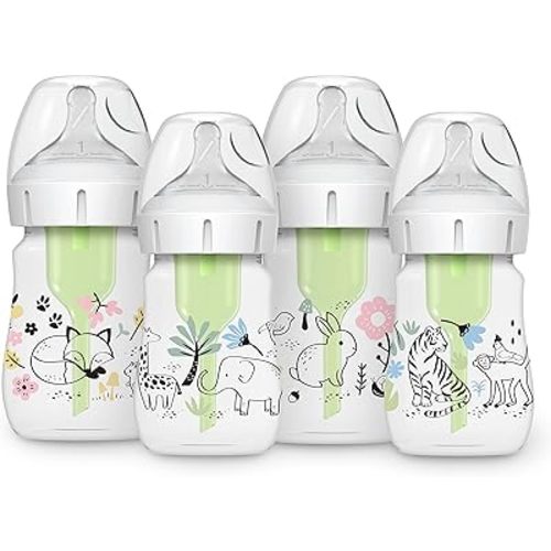 Dr. Brown’s Natural Flow® Anti-Colic Options+™ Wide-Neck Baby Bottle Designer Edition Bottles, Jungle and Woodland Design, 5 oz/150 mL, Level 1 Nipple, 4-Pack, 0m+