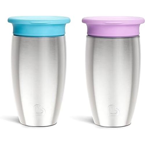 Munchkin® Miracle® 360 Toddler Sippy Cup with Lid, Spill Proof, 10 Ounce, Stainless Steel, 2 Pack, Blue/Purple