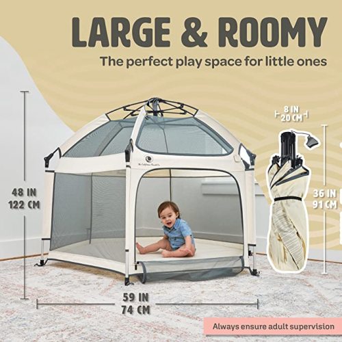 POP 'N GO Baby Playpen - Indoor & Outdoor Playpen for Babies and Toddlers - Baby Beach Tent, Foldable, Portable W/Canopy & Travel Bag - Pop Up Pack and Play Yard - Warm Ivory