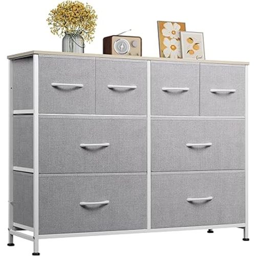 WLIVE 8 Drawer Dresser for Bedroom, Wide Fabric Dresser Storage Organizer, Chest of Drawers with Wood Top, Sturdy Steel Frame, Dressers for Living Room, Closet, Hallway, Light Grey