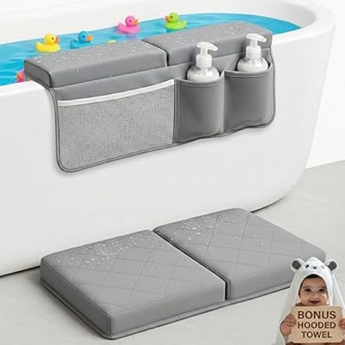 2inch XL Baby Bath Kneeler and Elbow Rest Pad Set + Hooded Towel - Embroidered Kneeling Pad for Bathing Baby - Dual-Layer Memory Foam Bathtub Kneeler and Elbow Rest Set