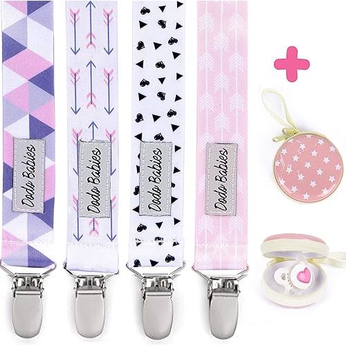 Dodo Babies Pacifier Clip Pack of 4 + Pacifier Case, Premium Quality for Girls Modern Designs Universal Holder Leash, Teething Toy or Soothe