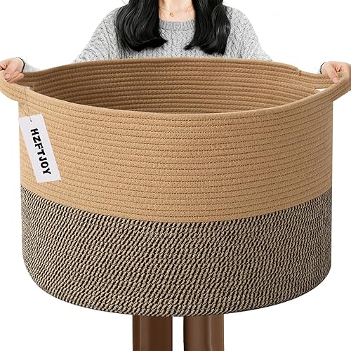 65L Large Blanket Basket,Rope Woven Laundry Baskets-Jute&Black