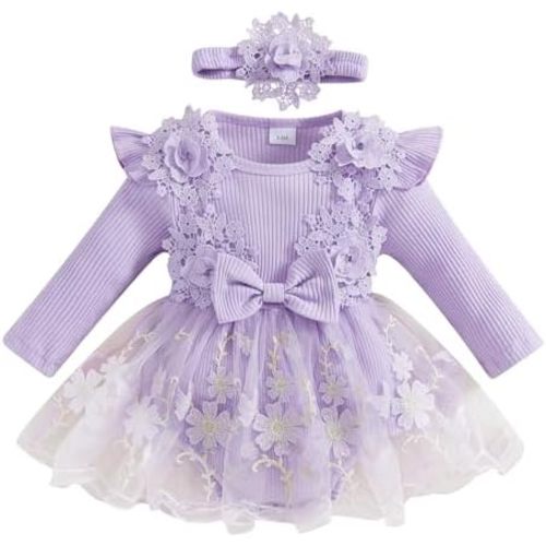 Baby Girl Romper Dress Baby Dress Romper Lace Flowers Infant Fall Winter Festival Clothes with Headband