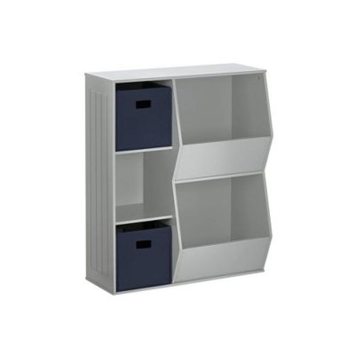RiverRidge Kids' Playroom Toy Organizer and Bookcase with 3 Cubbies and 2 Veggie Storage Bins Gray with 2 Navy Fabric Bins: Kids Bookshelf