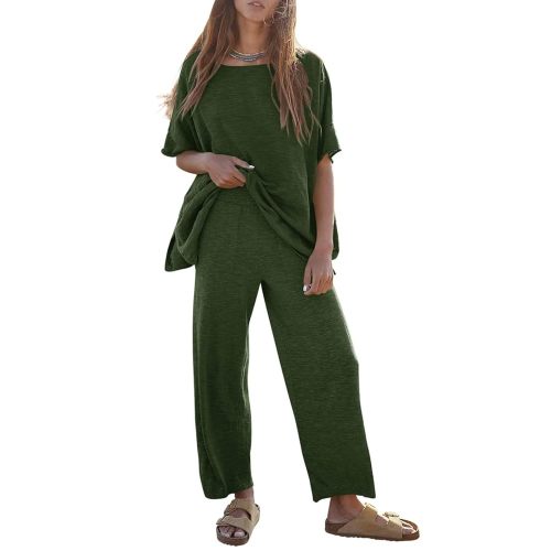Tankaneo Women's 2 Piece Travel Outfits Casual Short Sleeve Knit Sweater Set Wide Leg Pants Lounge Sets Tracksuit