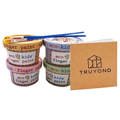 Finger Paint for Kids: Non-Toxic Natural Organic Paint - Safe Art and Craft Product Set of 4 Colors Containers with Brush Set and Notebook