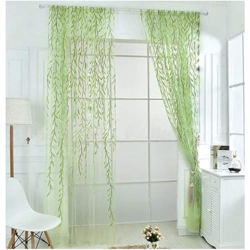 Ufurty 2 Pieces Willow Window Curtain Voile Tulle Room Salix Leaf Sheer Gauze Panel Drapes Green Color for Living Room, Bedroom, Balcony