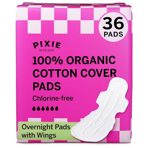Pixie Organic Cotton Overnight Pads for Women - Extra Heavy Absorbency with Wings - Leak-Proof, Hypoallergenic & Unscented - Compostable, Biodegradable - 36 Count