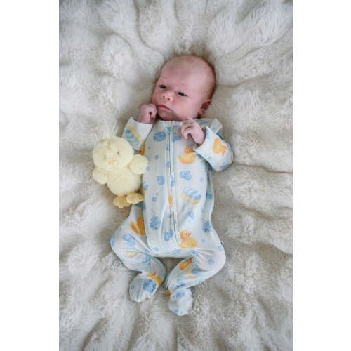 Zipper Footie in Bubble Duckies Blue | Caden Lane
