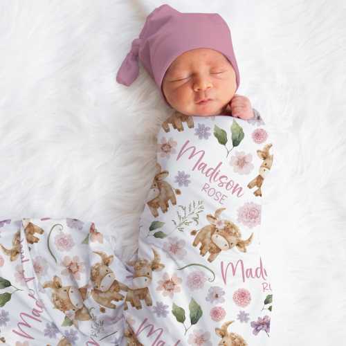 Personalized Highland Cow Swaddle Blanket Farm Name Baby Blanket Newborn Baby Girl Coming Home Outfit Hospital Photo Outfit Baby Shower Gift