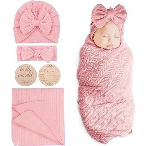 BQUBO Baby Swaddle Blankets for Girls, 4PCS Newborn Accessories Set with Matching Hat and Bow Headband with Card