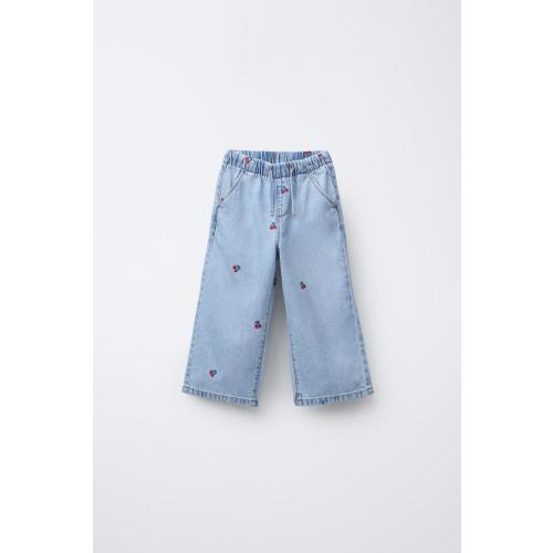 CHERRY EMBROIDERED WIDE LEG JEANS - Light blue | ZARA United States
