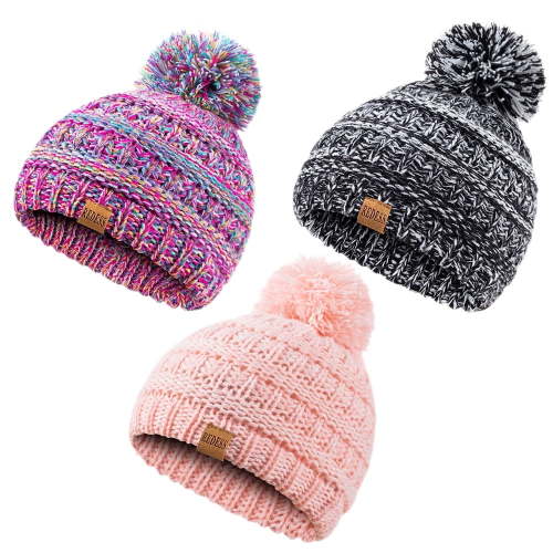 REDESS Baby Kids Winter Warm Hats, Infant Toddler Children Pom Pom Beanie Knit Cap Girls Boys-3 Pack