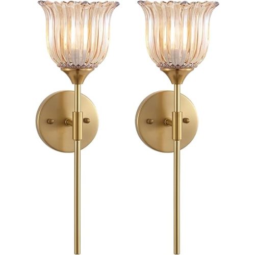 Gold Wall Sconce Set of 2 with Amber Glass Shades Modern Mid Century Bathroom Vanity Wall Light Fixtures Industrial Brushed Brass Wall Lamp for Bedroom Mirror Living Room Restaurant
