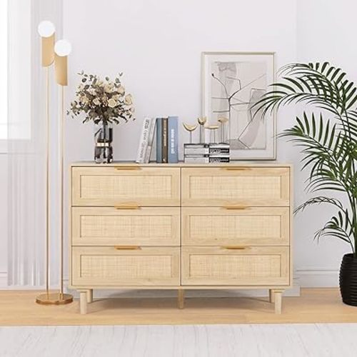 Rattan Dresser for Bedroom, Modern 6 Drawer Double Dresser with Gold Handles, Wood Storage Chest of Drawers fo Bedroom,Living Room,Hallway (Natural)