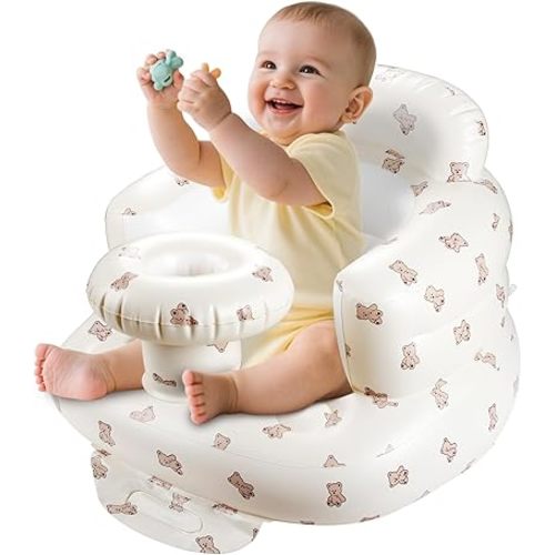 Inflatable Baby Seat with Tray, Comfortable Sit Me Up Baby Chair for Learning to Sit, Built in Air Pump Blow Up Infant Back Support Floor Seat for Babies 3 Months & Up (Bear Cub)