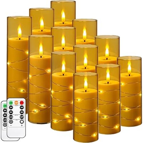 Da by Flameless Candles with Recessed String Light, Battery Operated Candles, Acrylic LED Pillar Candles with Remote Control and Timer, Golden, Set of 12