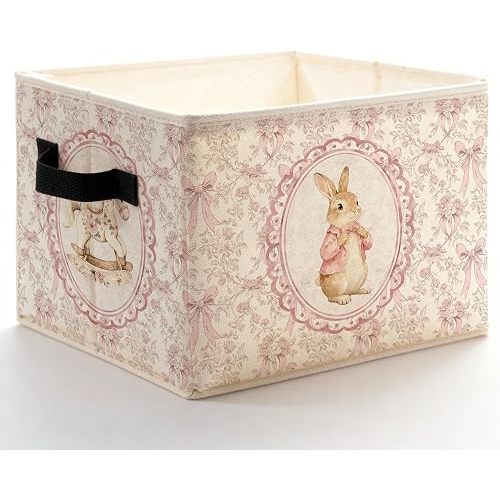 Pink Bow Floral Bunny Nursery Storage Bins Box with Handles, Rustic Flower Rocking Horse Rabbit Foldable Basket Toybox for Toddler Girls Bedroom Bathroom Playroom Clothes Toys Books