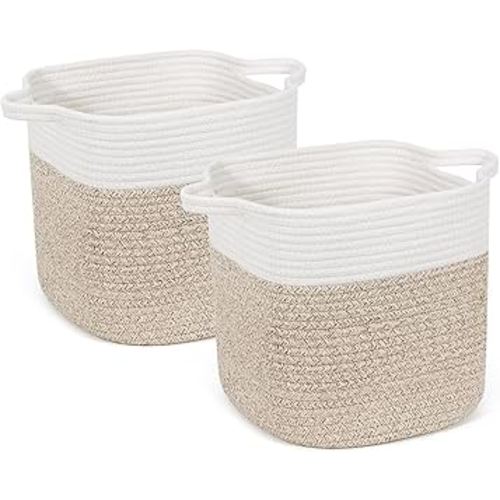 GLCON Hand-Woven Rope Baskets Storage Bins | 11 Inch Woven Baskets for Organizing | Kids Toy Bins | Decorative Storage Cubes Organizer Bins | White Brown Cube Basket for Closet, Shelves | 2 Pack