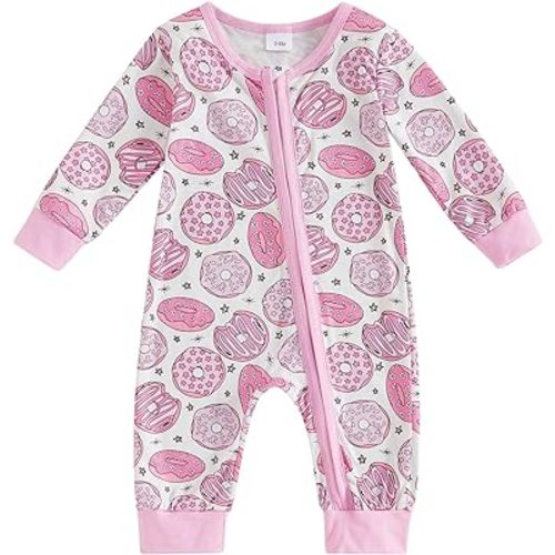 Newborn Baby Girl Clothes Donut Print Long Sleeve Jumpsuit Oblique Zipper Romper Infant One Piece Outfit