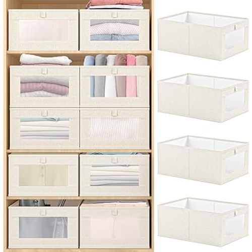 4 Pack Linen Closet Organizers and Storage Bins, Storage Containers with Clear Window, Large Storage Boxes Baskets for Organizing Clothing, Jeans, Toys, Books, Shelves, Closet, Wardrobe