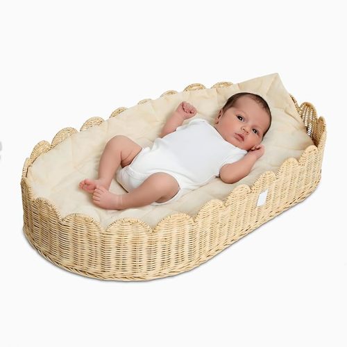 BEBE BASK Premium Baby Changing Basket - Artisan-Crafted Scalloped Rattan - Changing Basket for Baby Dresser - All Accessories Included - Complete Set for Nursery (Natural) | Premium, Artisan-Crafted, Changing Basket, Baby Dresser, Complete Set