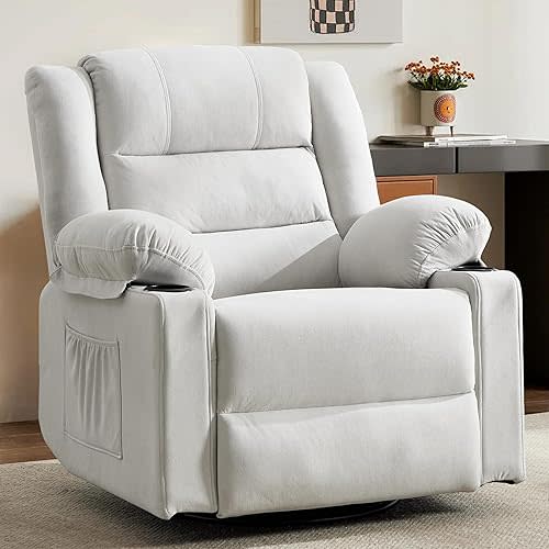 360°Swivel Rocker Recliner Chair for Adults,Manual Glider Recliner Sofa with Massage and Heating, Nursery Rocking Chairs with Cup Holds for Living Room Bedroom (Beige)