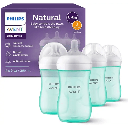 Philips Avent Natural Baby Bottles with Natural Response Nipples (Medium Flow, Flow 3), 9oz, Teal, 4-Pack, SCY903/44