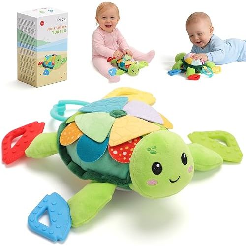 Turtle Baby Sensory Toy, Flip Scales & Multi-Textured Belly Montessori Activity Toy with Rattle Squeaker Teethers, Tummy Time/Crib/Stroller Toy,Educational Toy for 0-3 Years Newborn to Toddler