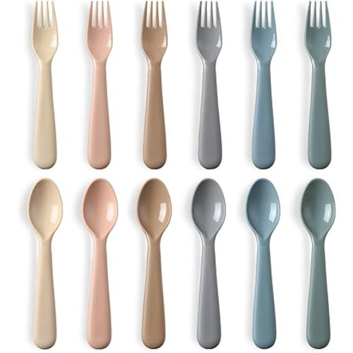 12 Pieces Toddler Utensils Set, Plastic Spoons and Forks Set for Kids, Children Safe Flatware, Plastic Reusable Cutlery, BPA Free, Dishwasher Safe