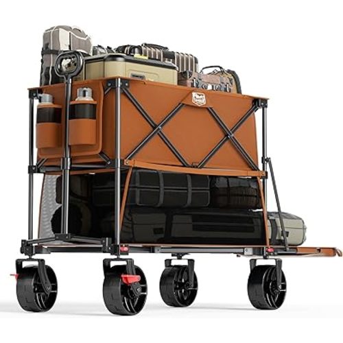 TIMBER RIDGE 400L Large Capacity Folding Double Decker Wagon with Brakes, 54" Extra Long Extender Wagon Cart, 450lbs Heavy Duty Collapsible Cart, All-Terrain Big Wheels for Camping, Sports, Shopping
