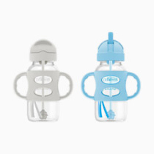 Dr. Brown's Wide-Neck Sippy Straw Bottle with Silicone Handles (2 Pack) - Gray & Blue, 9 Oz, 2