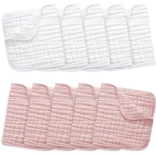 10 Pack Muslin Burp Cloths 100% Cotton Large 20''×10'' Thickened Baby Burp Cloths Super Soft and Highly Absorbent, Newborn Washcloth (White+Pink)