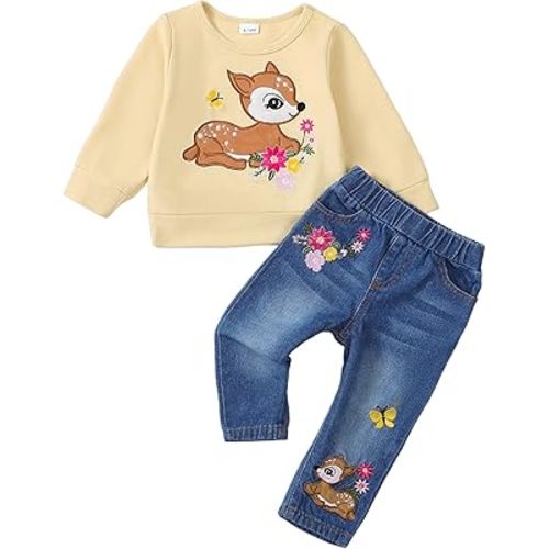 Kucnuzki Toddler Baby Girl Clothes Long Sleeve Hoodie Crewneck Sweatshirt Denim Jeans Pants Fall Winter Baby Girl Outfit