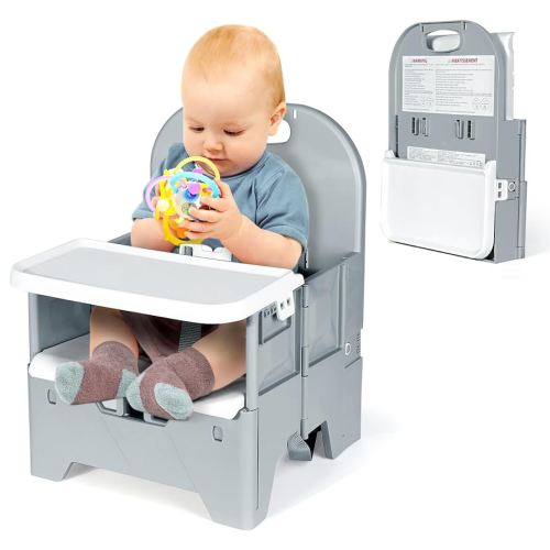 Orzbow Foldable Booster Seat with Dining Tray for Baby, Dining Table, Camping, Beach and Family Visits, Portable Kitchen Booster Chair, Baby Chair for Travel, 6-36 Months Up to 33 lbs Toddler, Grey