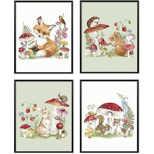 Locomiss Mushroom Forest Animals Wall Art Decor, Cottagecore Mushroom Fox Squirrel Bunny Hedgehog Botanical Prints Posters for Home Bedroom Kids Room Nursery Playroom Decor, Set of 4, 8x10 Unframed