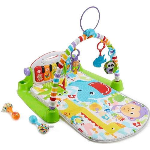Fisher-Price Baby Playmat Deluxe Kick & Play Piano Gym Learning Toy & 2 Maracas Soft Rattles for Newborn to Toddler Play Ages 0+ Months - Green + Maracas