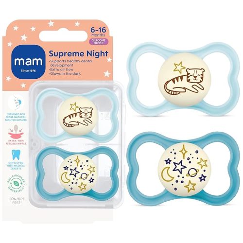 MAM Supreme Baby Pacifier, Newborns 6-16 Months, Developed with Orthodontists, Extra Air Flow for Sensitive Skin, Glows in The Dark, BPA-Free Silicone, Sterilizer Case, Pack of 2, Made in Europe