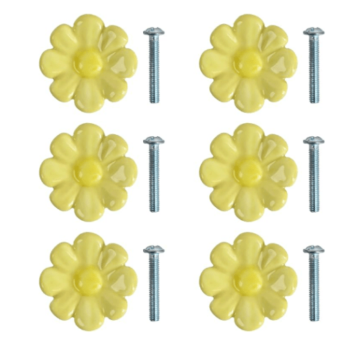 6PCS Ceramic Drawer Knobs, Cute Daisy Shaped Cabinet Pulls, Decorative Dresser Handles for Nursery, Kids Bedroom, Bathroom, Furniture Hardware with Screws