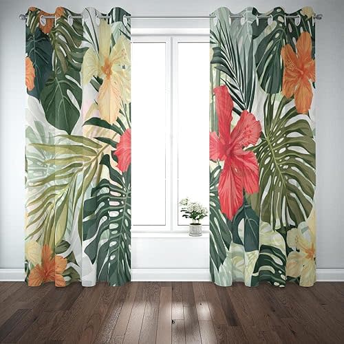 Palm Leaf Curtains Summer Colorful Tropical Plants Hibiscus Flowers Large Window Curtains 52X84 Inch 2 Panels Curtains for Kitchen Windows