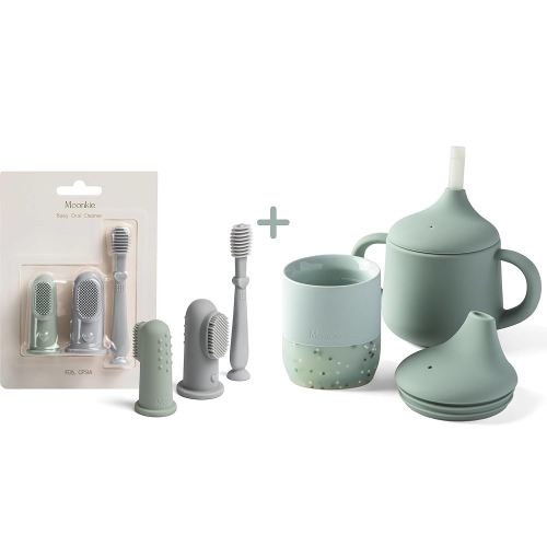 Moonkie Baby Oral Care & Weaning Bundle | Finger Toothbrush & Tongue Cleaner Kit (3+ Months, Blue/Mint/Blue) + Training & Sippy Cup Set (4+ Months, Mint, 2 Pack) | Infant Oral Hygiene & Self-Feeding E