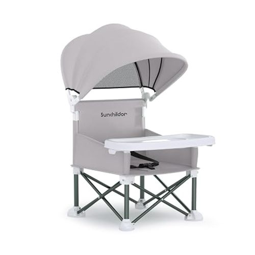 Portable Baby Booster Seat with Removable Tray & Canopy - 3 Point Safety Harness, Compact Fold for Travel, Indoor Outdoor Use for Infants & Toddlers, Gray