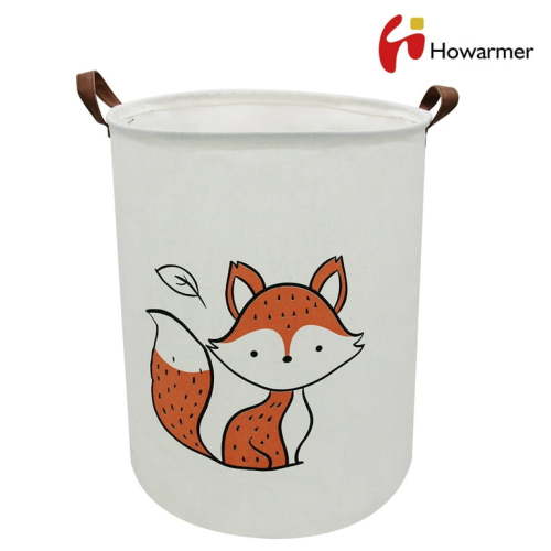 Round Laundry Basket, 19.7" Baby Storage Basket for Girls, Waterproof Large Canvas Laundry Hamper for Nursery Clothes Toys College Dorms Organizer, Fox