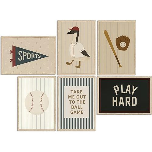 6Pcs Boys Sports Wall Art Baseball Kids Room Wall Picture Decor Vintage Nursery Poster Prints Retro Athletic Painting Artwork for School Kids Room Home Decoration 8x10in