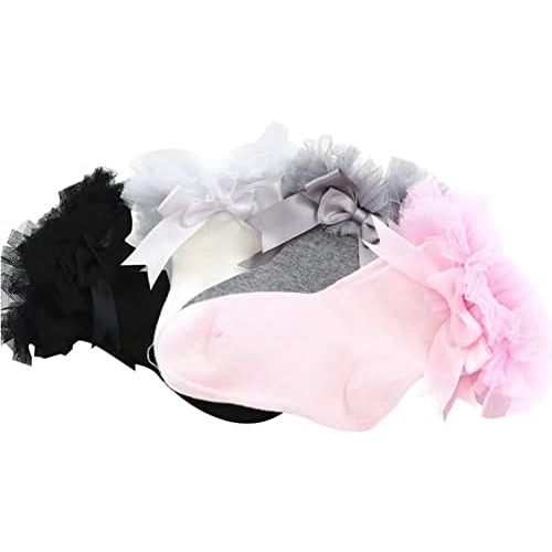 Baby Girls Ruffle Socks Infant Toddler Bowknot Lace Tutu Socks 4 Packs White/Black/Gray/Pink/Multicolor